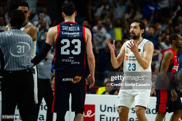 Sergio Llull, #23 guard of Real Madrid during the Liga Endesa game between Real Madrid and Kirolbet Baskonia at Wizink Center on June 13, 2018 in...