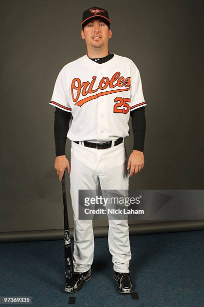 Garrett Atkins of the Baltimore Orioles poses for a photo during Spring Training Media Photo Day at Ed Smith Stadium on February 27, 2010 in...
