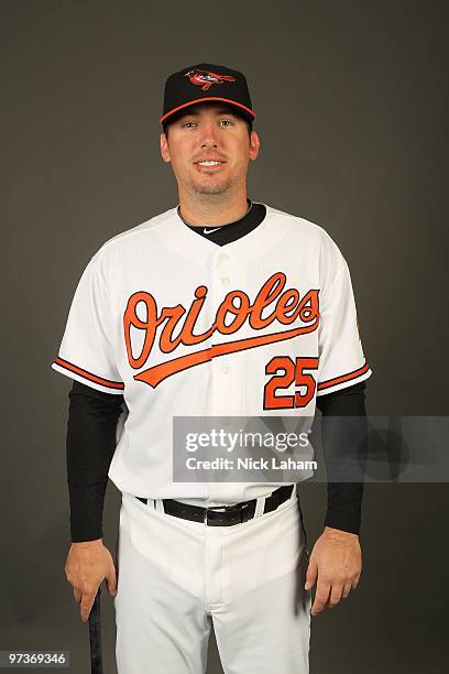 Garrett Atkins of the Baltimore Orioles poses for a photo during Spring Training Media Photo Day at Ed Smith Stadium on February 27, 2010 in...