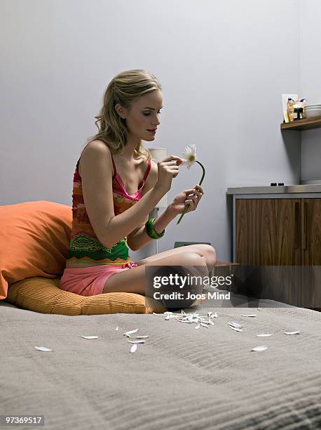 woman pulling petals off on flower in apartment - 花びら占い ストックフォトと画像