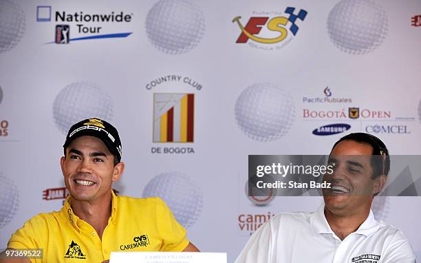 Camilo Villegas of Colombia and NASCAR Driver Juan Pablo Montoya address the local media before their Pro-Am round during the Pacific Rubiales Bogota...