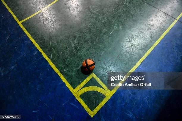 Detail of matchball at Sportivo Pereyra de Barracas Club on June 13, 2018 in Buenos Aires, Argentina. The mural was painted in the ceiling of the...