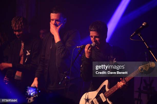 Young Lazarus, Jamie Reynolds, Noel Gallagher and Jeff Wootton of YOTA perform in concert at XOYO on June 13, 2018 in London, England.