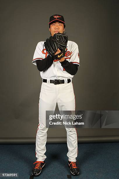 Koji Uehara of the Baltimore Orioles poses for a photo during Spring Training Media Photo Day at Ed Smith Stadium on February 27, 2010 in Sarasota,...