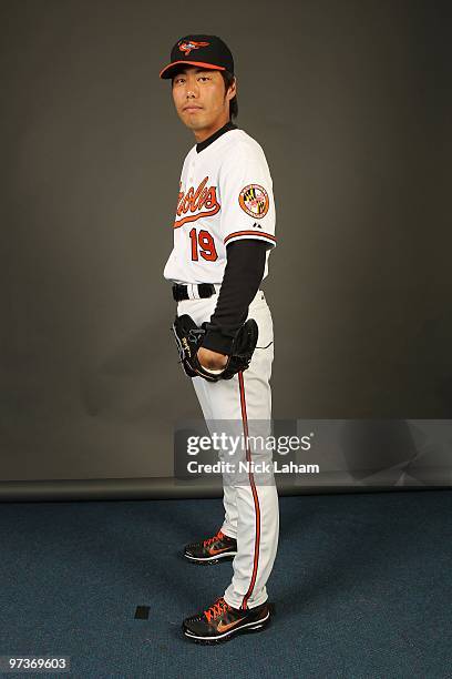 Koji Uehara of the Baltimore Orioles poses for a photo during Spring Training Media Photo Day at Ed Smith Stadium on February 27, 2010 in Sarasota,...