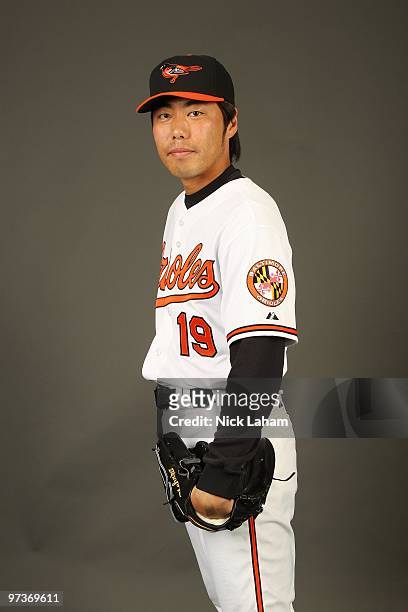 Koji Uehara of the Baltimore Orioles poses for a photo during Spring Training Media Photo Day at Ed Smith Stadium on February 27, 2010 in Sarasota,...