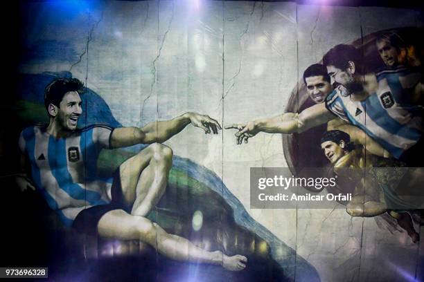 Detail of the painting on the ceiling of Sportivo Pereyra de Barracas Club on June 13, 2018 in Buenos Aires, Argentina. The mural was painted in the...