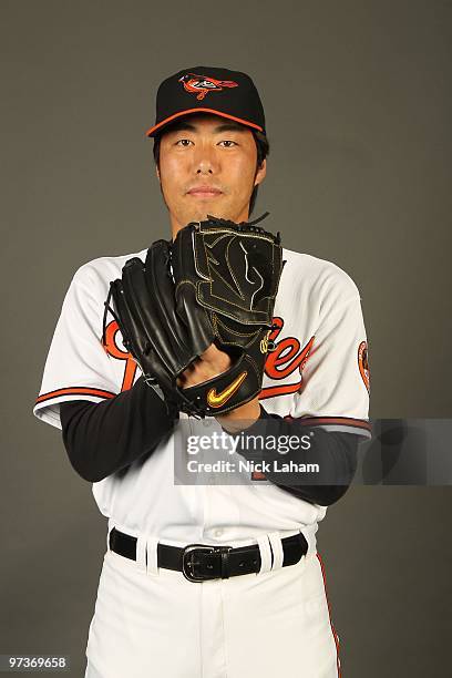 Koji Uehara of the Baltimore Orioles poses for a photo during Spring Training Media Photo Day at Ed Smith Stadium on February 27, 2010 in Sarasota,...