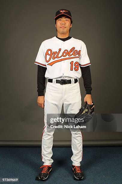 Koji Uehara of the Baltimore Orioles poses for a photo during Spring Training Media Photo Day at Ed Smith Stadium on February 27, 2010 in Sarasota,...