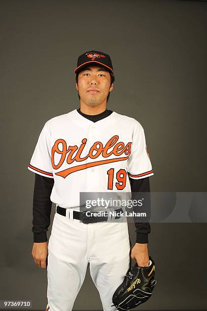 Koji Uehara of the Baltimore Orioles poses for a photo during Spring Training Media Photo Day at Ed Smith Stadium on February 27, 2010 in Sarasota,...