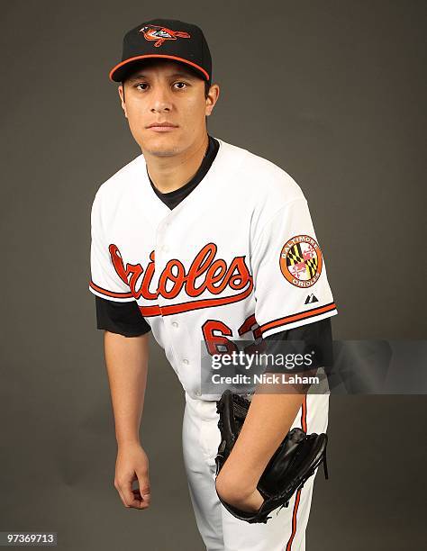 David Hernandez of the Baltimore Orioles poses for a photo during Spring Training Media Photo Day at Ed Smith Stadium on February 27, 2010 in...