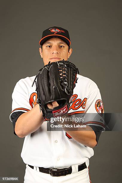 David Hernandez of the Baltimore Orioles poses for a photo during Spring Training Media Photo Day at Ed Smith Stadium on February 27, 2010 in...