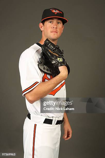 Brian Matusz of the Baltimore Orioles poses for a photo during Spring Training Media Photo Day at Ed Smith Stadium on February 27, 2010 in Sarasota,...