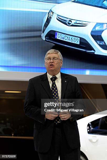 Nick Reilly, chief executive officer of Adam Opel GmbH, addresses the media during the first press day at the 80th Geneva International Motor Show on...