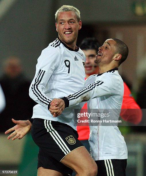 Julian Schieber of Germany celebrates with Sidney Sam after scoring the second goal during the U21 Euro Qualifying match between Germany and Iceland...