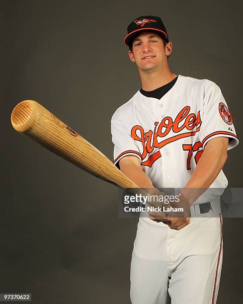 Caleb Joseph of the Baltimore Orioles poses for a photo during Spring Training Media Photo Day at Ed Smith Stadium on February 27, 2010 in Sarasota,...