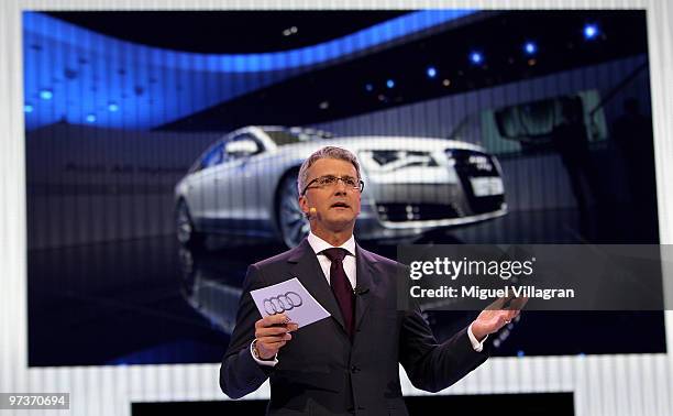 Audi CEO Rupert Stadler addresses the media during the first press day at the 80th Geneva International Motor Show on March 2, 2010 in Geneva,...
