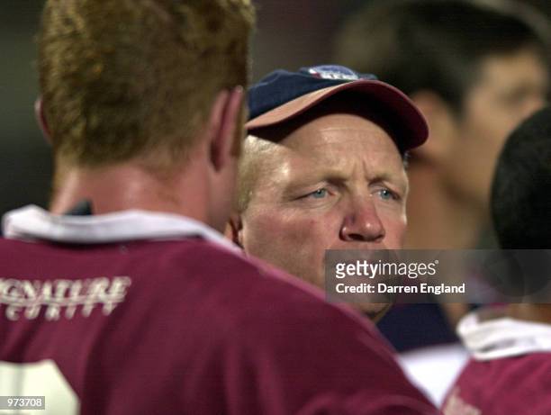 Mark McBain of the Queensland Reds talks to his players during the match against the Canterbury Crusaders during the Southern X Rugby Union...