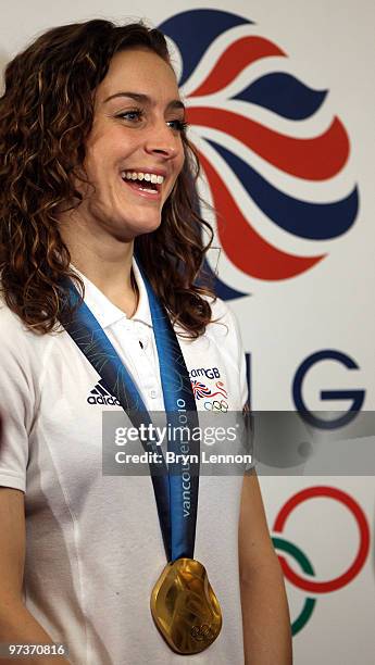 Olympic Skeleton Gold medalist Amy Williams talks to the media at theTeam GB Welcome Home Press Conference at Heathrow Airport on March 2, 2010 in...