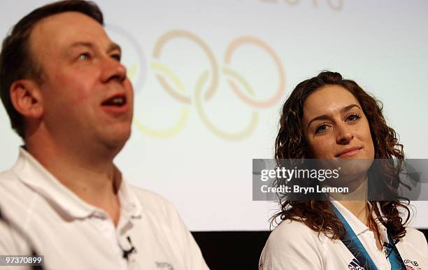 British Olympic Association Chief Executive Andy Hunt and Olympic Skeleton Gold medalist Amy Williams talk to the media at theTeam GB Welcome Home...