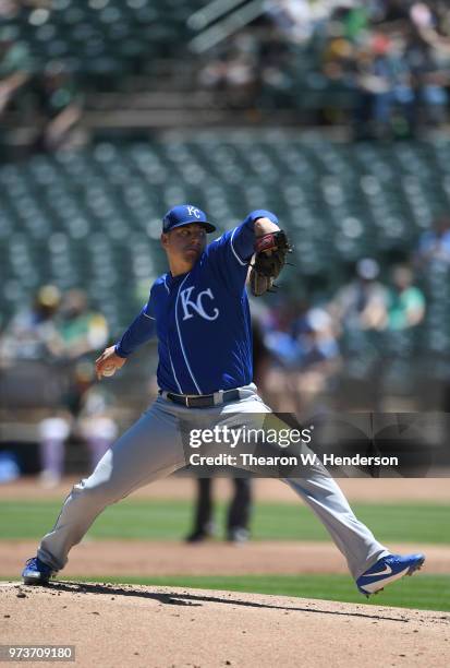 Brad Keller of the Kansas City Royals pitches against the Oakland Athletics in the bottom of the first inning at the Oakland Alameda Coliseum on June...