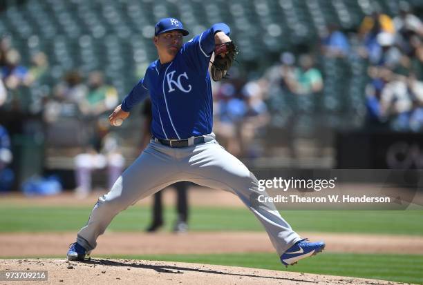 Brad Keller of the Kansas City Royals pitches against the Oakland Athletics in the bottom of the first inning at the Oakland Alameda Coliseum on June...