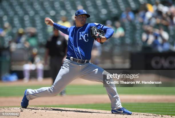 Brad Keller of the Kansas City Royals pitches against the Oakland Athletics in the bottom of the first inning at the Oakland Alameda Coliseum on June...