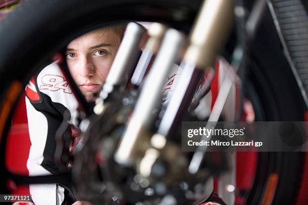 Jonas Folger of Germany and Ongetta Team looks from the garage during the second day of testing at Comunitat Valenciana Ricardo Tormo Circuit on...