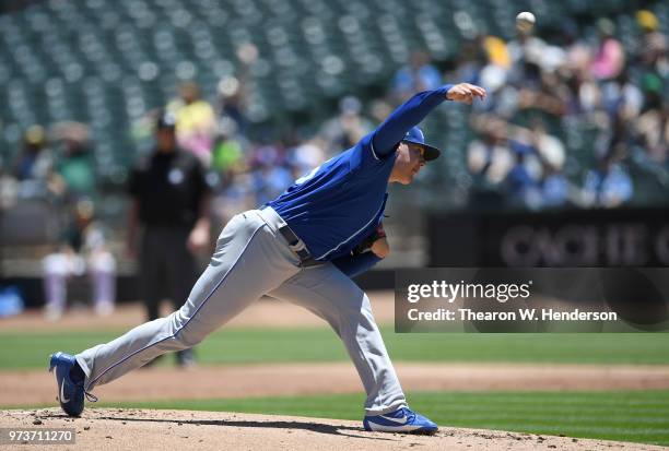 Brad Keller of the Kansas City Royals pitches against the Oakland Athletics in the bottom of the first inning at the Oakland Alameda Coliseum on June...