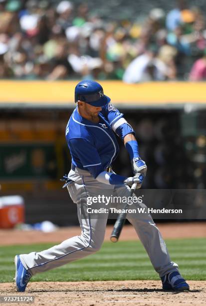 Paulo Orlando of the Kansas City Royals bats against the Oakland Athletics in the top of the six inning at the Oakland Alameda Coliseum on June 10,...