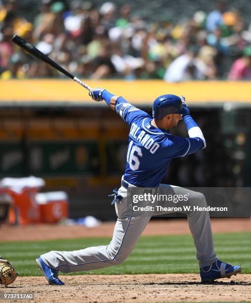 Paulo Orlando of the Kansas City Royals bats against the Oakland Athletics in the top of the six inning at the Oakland Alameda Coliseum on June 10,...