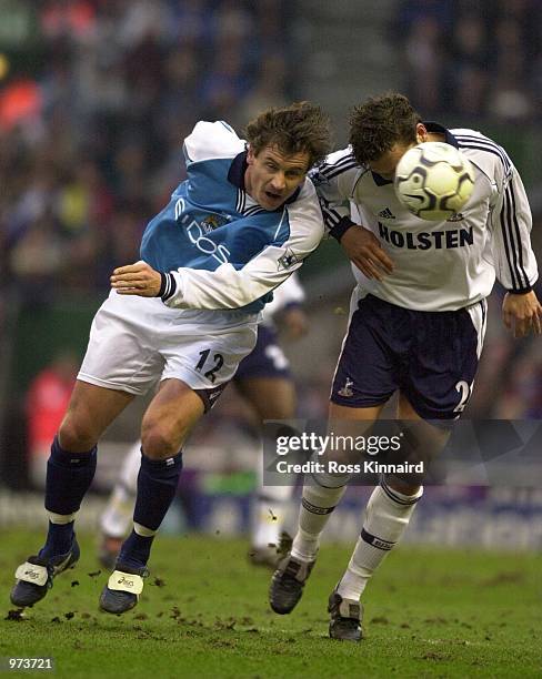 Luke Young of Spurs challenged by Andrei Kanchelskis of Man City during the FA Carling Premiership match between Manchester City and Tottenham...