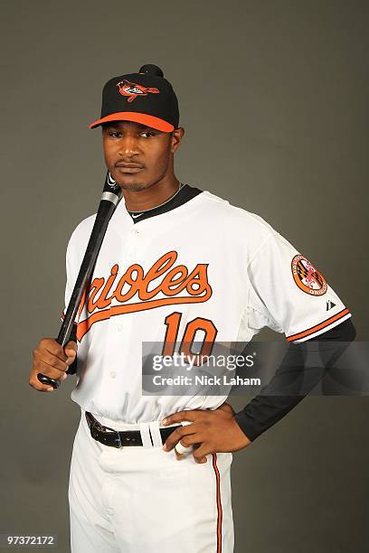 Adam Jones of the Baltimore Orioles poses for a photo during Spring Training Media Photo Day at Ed Smith Stadium on February 27, 2010 in Sarasota,...