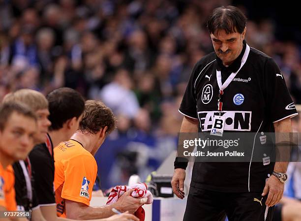 Head coach Sead Hasanefendic of Gummersbach gestures during the Bundesliga match between HSV Hamburg and VfL Gummersbach at the Color Line Arena on...