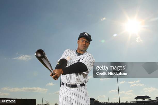 Curtis Granderson of the New York Yankees poses for a photo during Spring Training Media Photo Day at George M. Steinbrenner Field on February 25,...