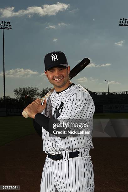 Nick Swisher of the New York Yankees poses for a photo during Spring Training Media Photo Day at George M. Steinbrenner Field on February 25, 2010 in...