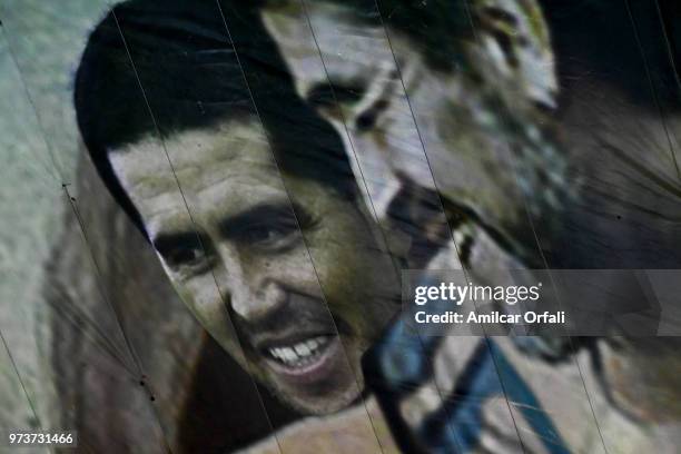 Detail of the painting on the ceiling of Sportivo Pereyra de Barracas Club where Diego Maradona is portrayed as Christ on June 13, 2018 in Buenos...