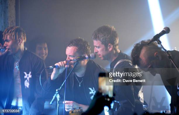 Noel Gallagher performs with Young Lazarus, Twiggy Garcia, Jamie Reynolds and Jeff Wootton of YOTA at XOYO on June 13, 2018 in London, England.
