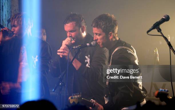 Noel Gallagher performs with Young Lazarus, Twiggy Garcia and Jamie Reynolds of YOTA at XOYO on June 13, 2018 in London, England.