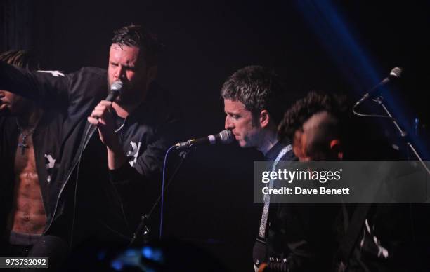 Noel Gallagher performs with Young Lazarus, Twiggy Garcia, Jamie Reynolds and Jeff Wootton of YOTA at XOYO on June 13, 2018 in London, England.