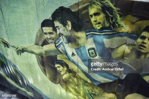 Detail of the painting on the ceiling of Sportivo Pereyra de Barracas Club where Diego Maradona is portrayed as Christ on June 13, 2018 in Buenos...