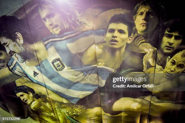 Detail of the mural in the ceiling of Sportivo Pereyra de Barracas club on June 13, 2018 in Buenos Aires, Argentina. The mural was painted in the...