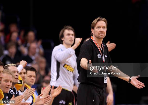 Head coach Martin Schwalb of Hamburg gestures during the Bundesliga match between HSV Hamburg and VfL Gummersbach at the Color Line Arena on March 2,...