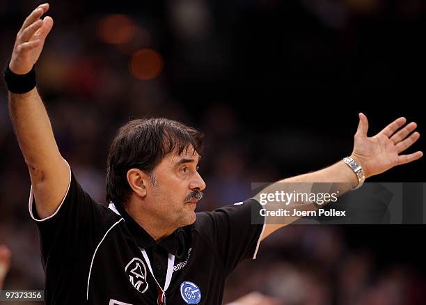 Head coach Sead Hasanefendic of Gummersbach gestures during the Bundesliga match between HSV Hamburg and VfL Gummersbach at the Color Line Arena on...