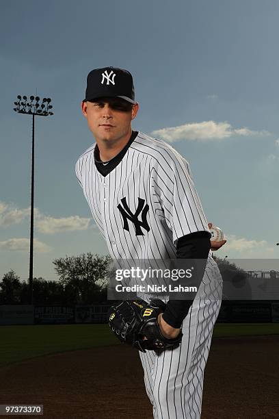 Chad Gaudin of the New York Yankees poses for a photo during Spring Training Media Photo Day at George M. Steinbrenner Field on February 25, 2010 in...