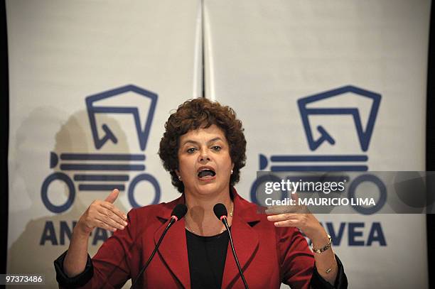 Brazil's Chief of Staff Dilma Rousseff delivers a speech during a luncheon with leaders of automobile industry companies with the presence of...