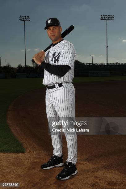 Derek Jeter of the New York Yankees poses for a photo during Spring Training Media Photo Day at George M. Steinbrenner Field on February 25, 2010 in...