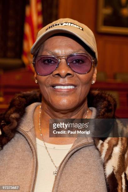 Grammy award-winning recording artist Dionne Warwick attends the musicFIRST Coalition's 2010 campaign launch at the Rayburn House Office Building on...
