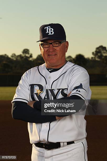 Manager, Joe Maddon of the Tampa Bay Rays poses for a photo during Spring Training Media Photo Day at Charlotte County Sports Park on February 26,...