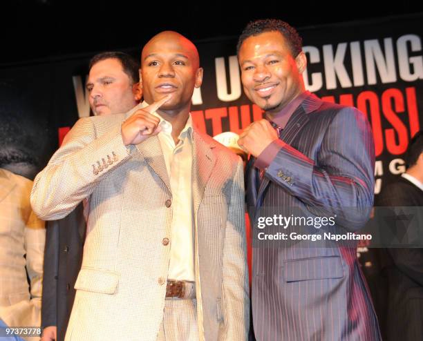 Floyd "Money" Mayweather and Sugar Shane Mosleyattends the Mayweather vs Mosley press conference at the Nokia Theatre on March 2, 2010 in New York...